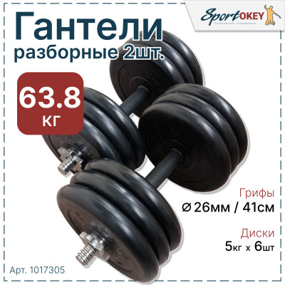 Гантели разборные обрезиненные MB ATLET 63,8кг. (2шт х 31,9кг)