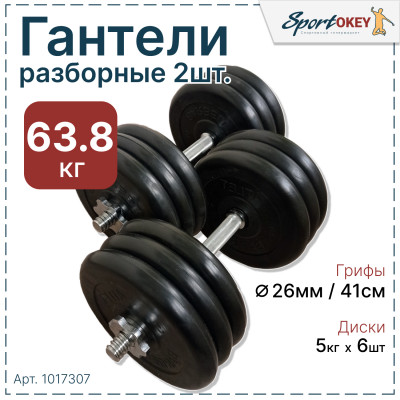 Гантели разборные обрезиненные MB ATLET 63,8кг. (2шт х 31,9кг) с хромированным грифом